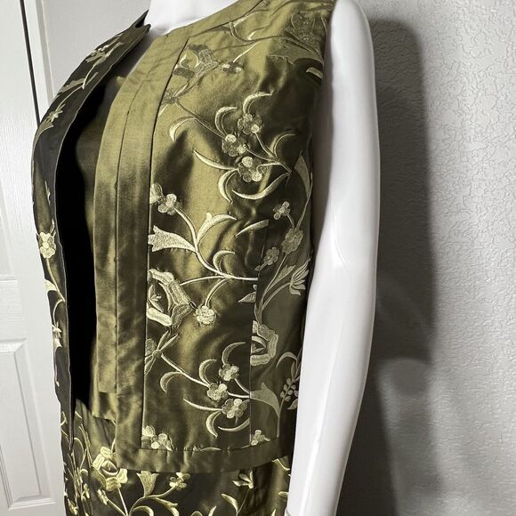 Carlisle Sz 8 Skirt 10 Top 3 Piece Silk Maxi Skirt Set Olive Green Embroidered - Picture 10 of 13